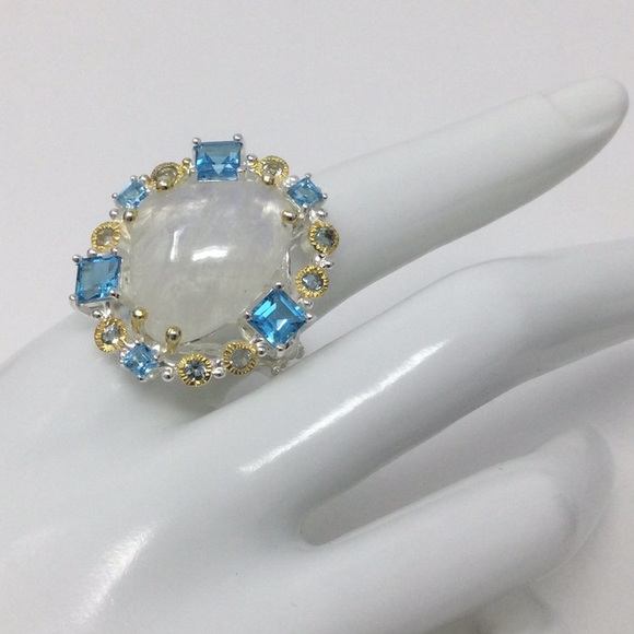 Genuine Moonstone & Emerald Cut Topaz Ring - Picture 5 of 8